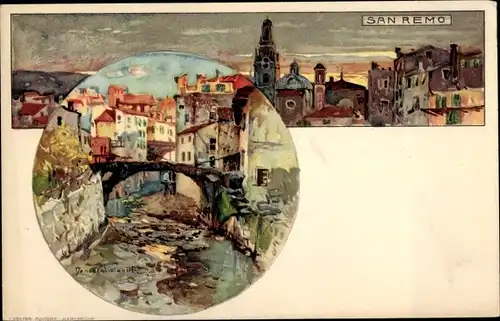 Künstler Litho Wielandt, Manuel, San Remo Liguria, Stadtpanorama bei Dämmerung, Brücke