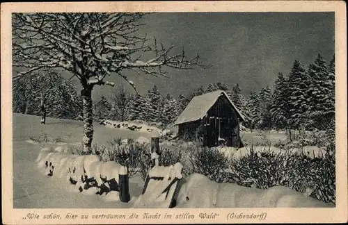 Ak Hütte im Schnee, Wie schön, hier zu verträumen die Nacht im stillen Wald, Eichendorff