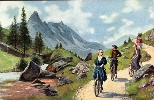 Ak Berglandschaft, Menschen fahren Rad, Radfahrer, Sport