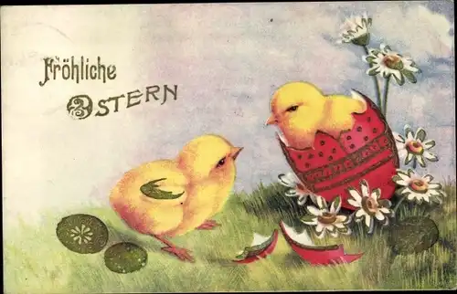Ak Glückwunsch Ostern, Küken, Eierschale, Margeriten