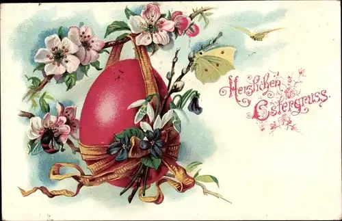 Ak Glückwunsch Ostern, Osterei, Schleife, Blumen, Weidenkätzchen, Schneeglocken
