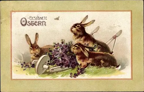 Ak Glückwunsch Ostern, Osterhasen, Schubkarre, Veilchen