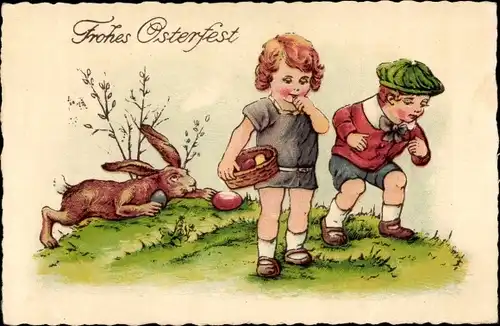 Ak Glückwunsch Ostern, Kinder suchen Ostereier, Osterhase