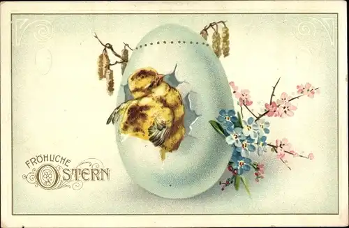 Ak Glückwunsch Ostern, Küken schlüpft aus, Blumen