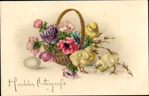 Ak Glückwunsch Ostern, Küken, Korb mit Blumen, Osterei, Weidenkätzchen