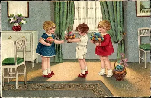 Ak Glückwunsch Geburtstag, Kinder gratulieren Mädchen, Blumenkörbe