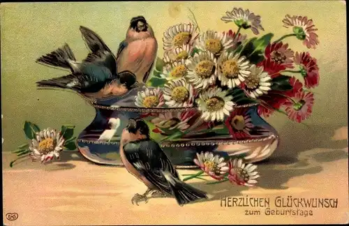 Ak Glückwunsch Geburtstag, Schwalben, Blumen in der Blumenvase, Margeriten