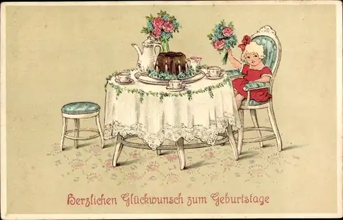 Ak Glückwunsch Geburtstag, Gratulant am Tisch, Kuchen, Blumenstrauß