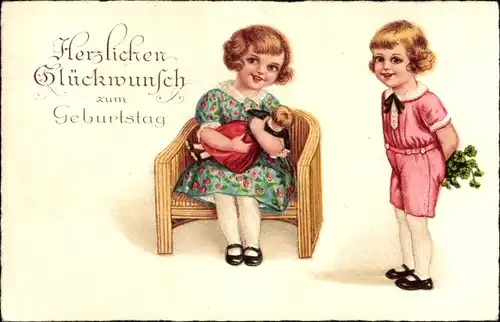 Ak Glückwunsch Geburtstag, Mädchen, Puppe, Glücksklee