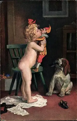 Ak Mädchen küsst seine Puppe, Hund, Stuhl
