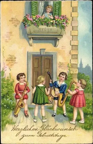 Ak Glückwunsch Geburtstag, Gratulanten machen Konzert, Geburtstagskind auf dem Balkon