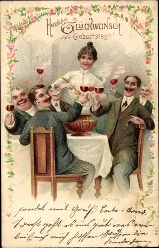 Präge Ak Glückwunsch Geburtstag, Männer am Tisch trinken Alkohol, Kellnerin