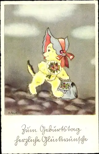 Künstler Ak Peyk, H., Glückwunsch Geburtstag, Gratulant mit Blumenstrauß
