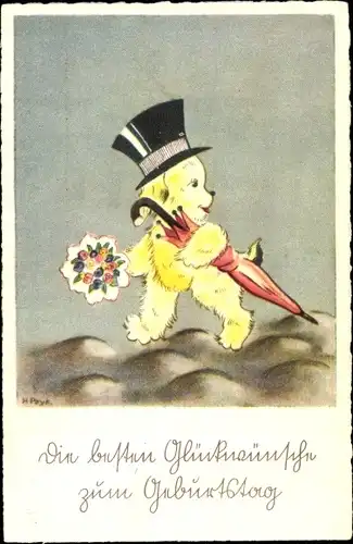 Künstler Ak Peyk, H., Glückwunsch Geburtstag, vermenschlichter Hund mit Hut, Schirm und Blumenstrauß