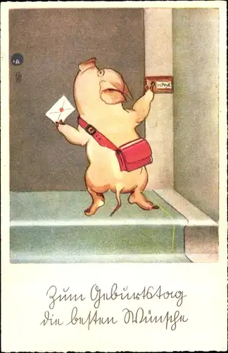 Ak Glückwunsch Geburtstag, Schwein bringt Post