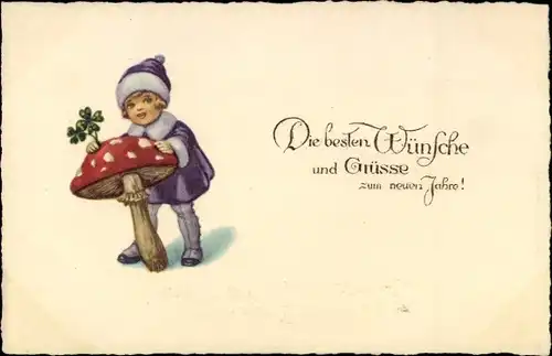 Ak Glückwunsch Neujahr, Kind mit Pilz