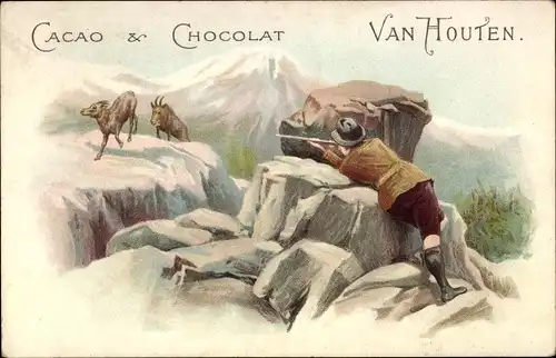 Litho Cacao & Chocolat Van Houten, Jäger, Bergziegen, Werbung