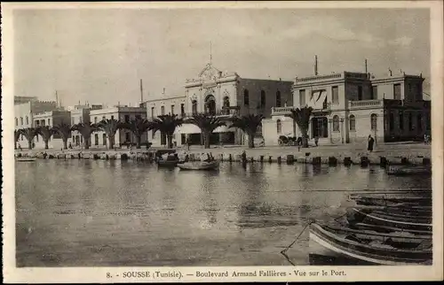 Ak Sousse Tunesien, Boulevard Armand Fallieres, Vue sur le Port