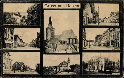 Ak Uelzen in Niedersachsen, Marienkirche, Krankenhaus, Villa, Strassenansichten