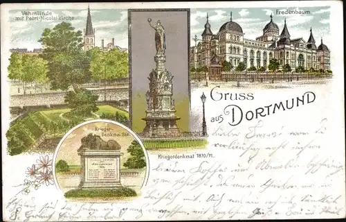 Litho Dortmund im Ruhrgebiet, Kriegerdenkmal 1810-11, Löwendenkmal, Vehmlinde, Fredenbaum