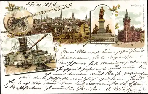 Litho Essen im Ruhrgebiet Nordrhein Westfalen, Rathaus, Krupp Denkmal, Schiffsgeschütze, Kanone