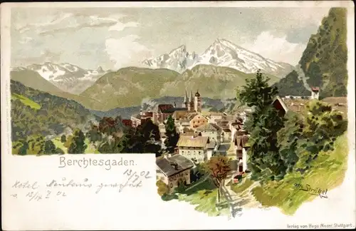 Künstler Litho Strützel, Otto, Berchtesgaden in Oberbayern, Teilansicht vom Ort