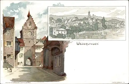 Künstler Litho Mutter, K., Überlingen am Bodensee, Uhrenturm und Tor, Straße, Gesamtansicht