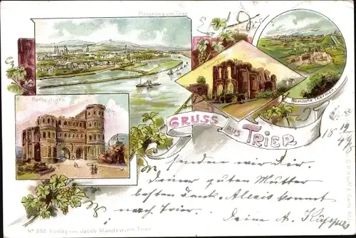 Litho Trier in Rheinland Pfalz, Porta nigra, Panorama von Trier, Römische Thermen, Kaiserpalast