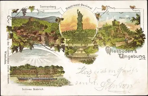 Litho Rüdesheim am Rhein, Wiesbadens Umgebung, Niederwald Nationaldenkmal, Sonnenberg, Moosburg