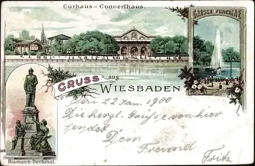 Litho Wiesbaden in Hessen, Kurhaus und Konzerthaus, Bismarck Denkmal, Große Fontaine