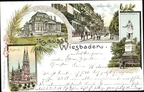 Litho Wiesbaden in Hessen, Wilhelmstraße, Denkmal Wilhelm I., Ringkirche, Theater