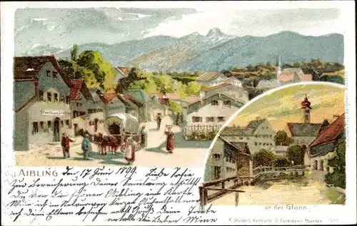 Litho Bad Aibling in Oberbayern, Dorfpartie, Gasthaus, an der Glonn