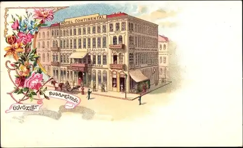 Litho Budapest Ungarn, Hotel Continental, Blumen