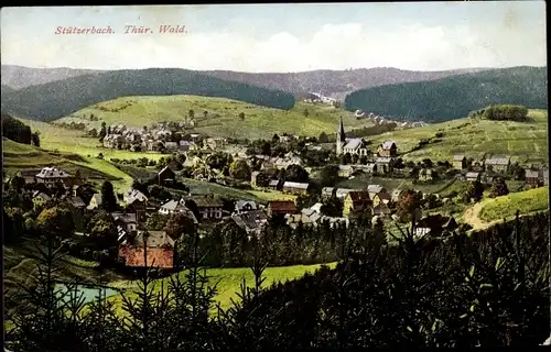 Ak Stützerbach Ilmenau Thüringer Wald, Totalansicht der Ortschaft, Berge