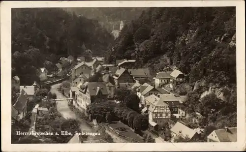 Ak Hřensko Herrnskretschen Elbe Region Aussig, Teilansicht, Luftbild