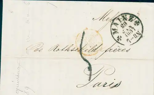 Vorläufer Ak Mainz in Rheinland Pfalz,Brief, Empfänger Bankhaus MM de Rothschild Frères, Paris, 1857