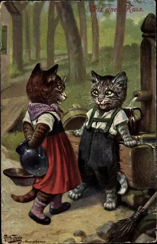 Künstler Ak Thiele, Arthur, Erst einen Kuss, vermenschlichte Katzen