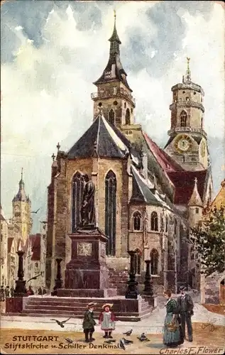 Künstler Ak Flower, C., Stuttgart am Neckar, Stiftskirche und Schiller-Denkmal