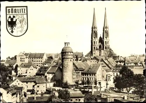 Ak Görlitz in der Lausitz, Blick über die Altstadt mit Peterskirche und Nicolaiturm, Wappen