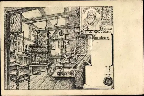 Ak Nürnberg in Mittelfranken, Schuster-Werkstätte, Hans Sachs