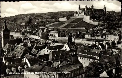 Ak Würzburg am Main Unterfranken, Blick auf die Mainbrücke, Festung und Käppele