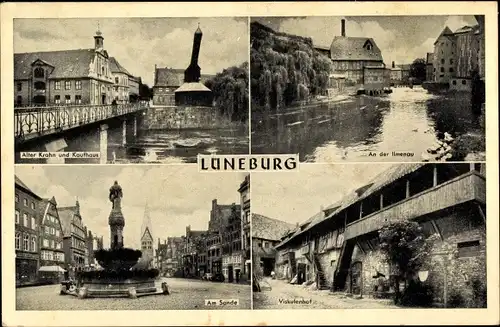 Ak Lüneburg in Niedersachsen, alter Krahn u. Kaufhaus, a. d. Ilmenau, Viskulenhof, am Sande