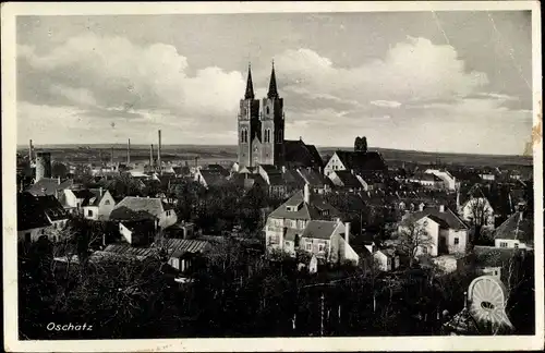 Ak Oschatz in Nordsachsen, Blick über die Dächer der Stadt, Kirche