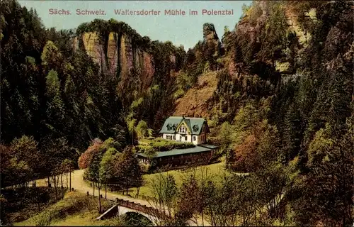 Ak Porschdorf Bad Schandau an der Elbe, Waltersdorfer Mühle, Felsformationen