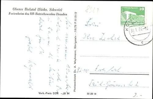 Ak Rosenthal Bielatal Sächsische Schweiz, Ferienheim des RB-Betriebswerkes Dresden