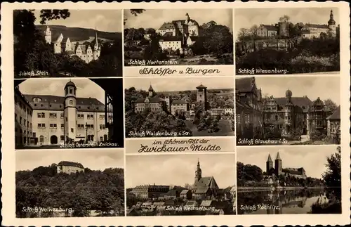 Ak Schloss Waldenburg, Wiesenburg, Hartenstein, Rochlitz, Glauchau, Wechselburg, Wolkenburg, Stein