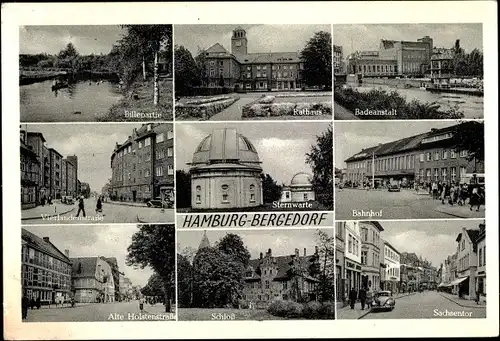 Ak Hamburg Bergedorf, Badeanstalt, Rathaus, Alte Holstenstraße, Bahnhof, Sternwarte, Sachsentor