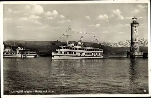 Ak Lindau am Bodensee Schwaben, Motorschiff Allgäu im Hafen, Leuchtturm