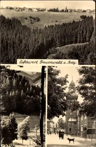 Ak Frauenwald am Rennsteig Ilmenau in Thüringen, Panorama, Ortsansicht mit Kirchturm, Passanten