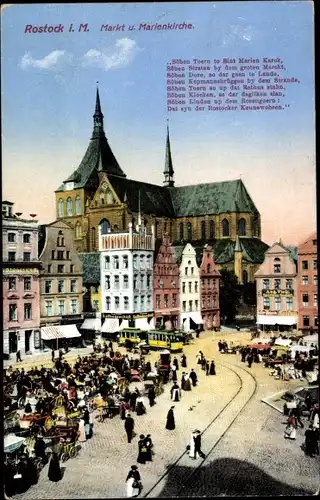 Ak Rostock Mecklenburg, Markt u. Marienkirche, Apotheke, Straßenbahn